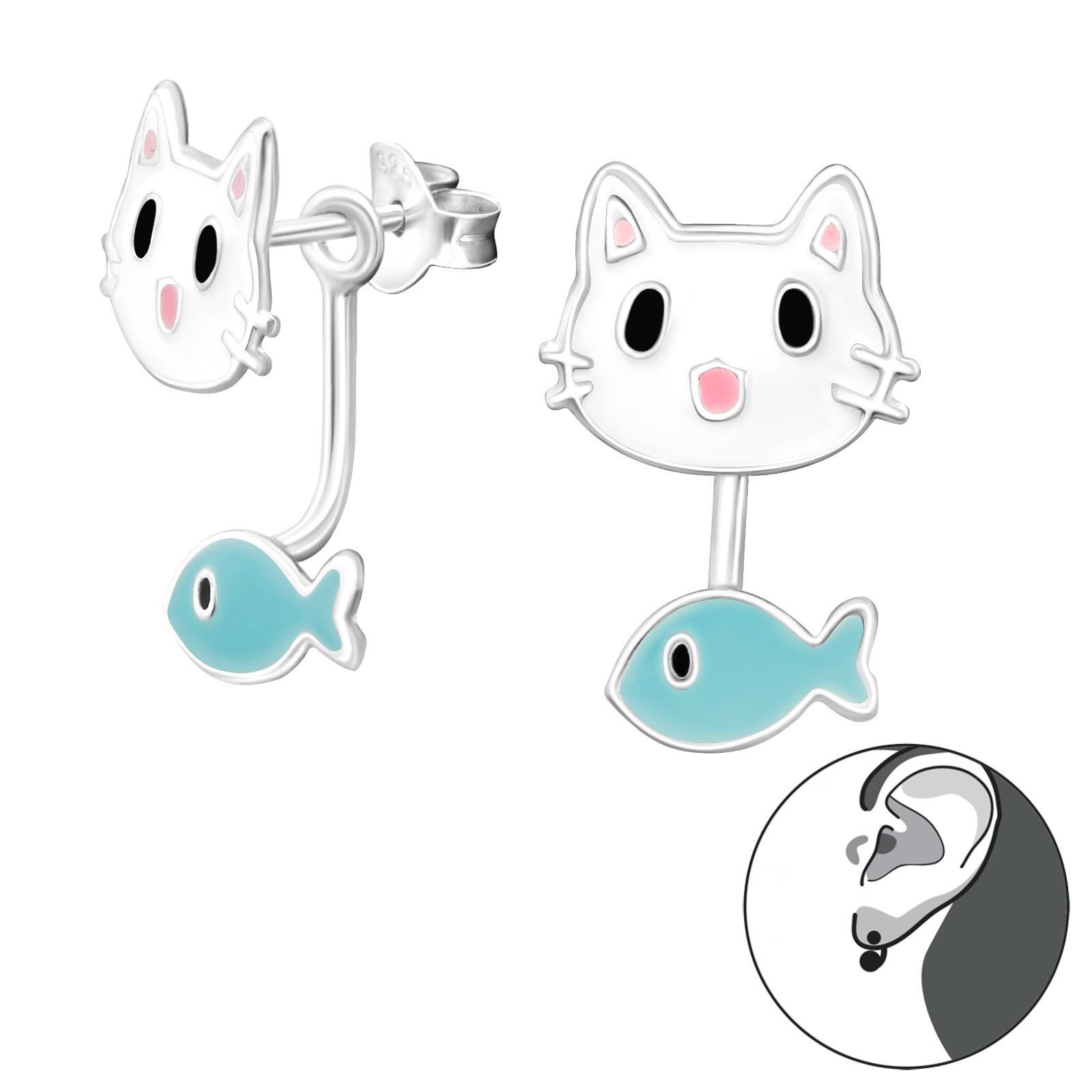 Ohrstecker Katze mit Fisch 925 Silber e-coated