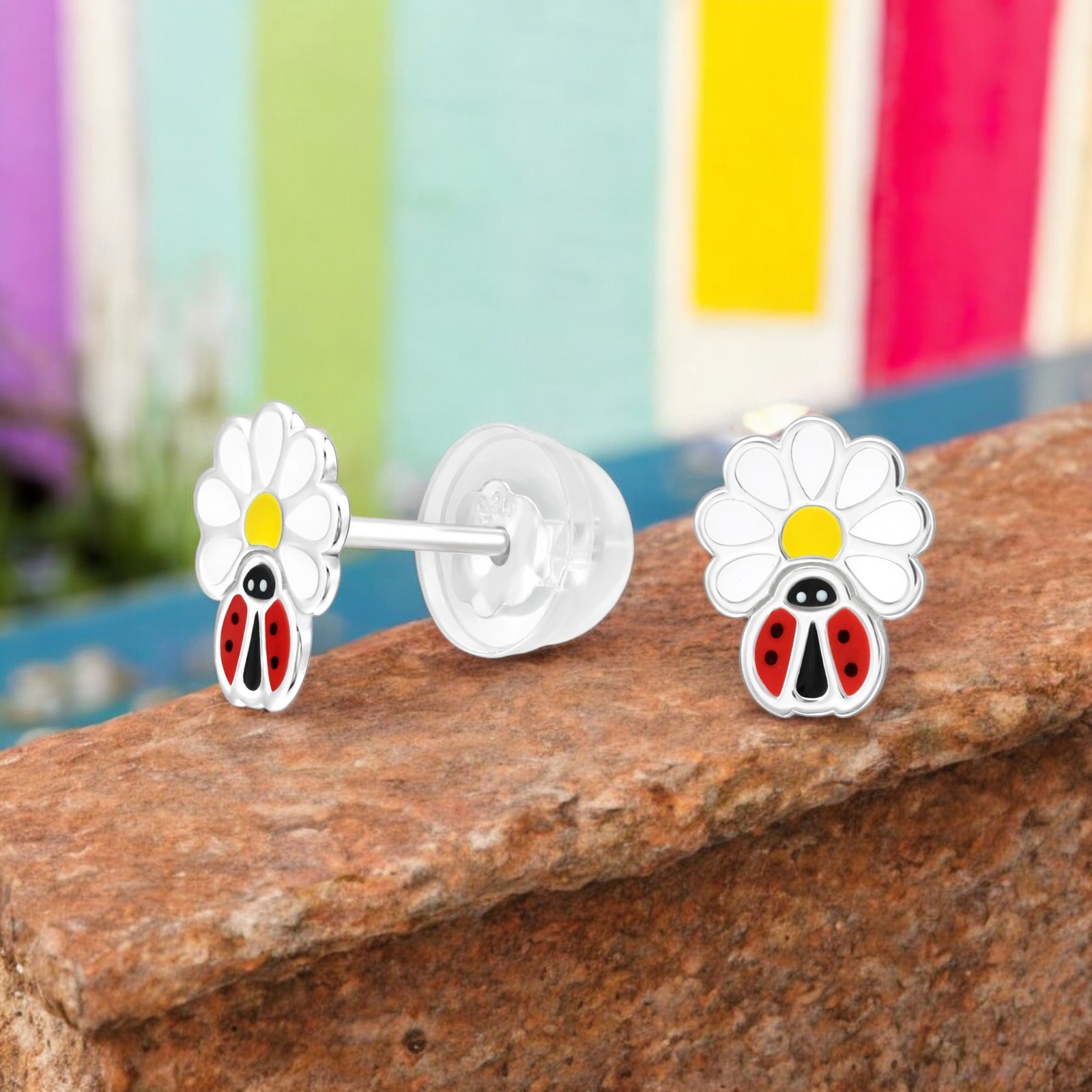 Ohrstecker Marienkäfer an Blüte PREMIUM 925 Silber e-coated