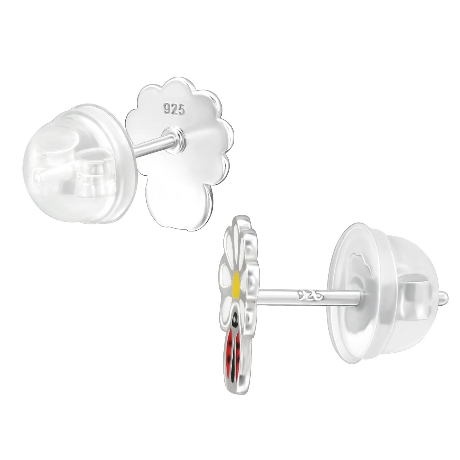 Ohrstecker Marienkäfer an Blüte PREMIUM 925 Silber e-coated