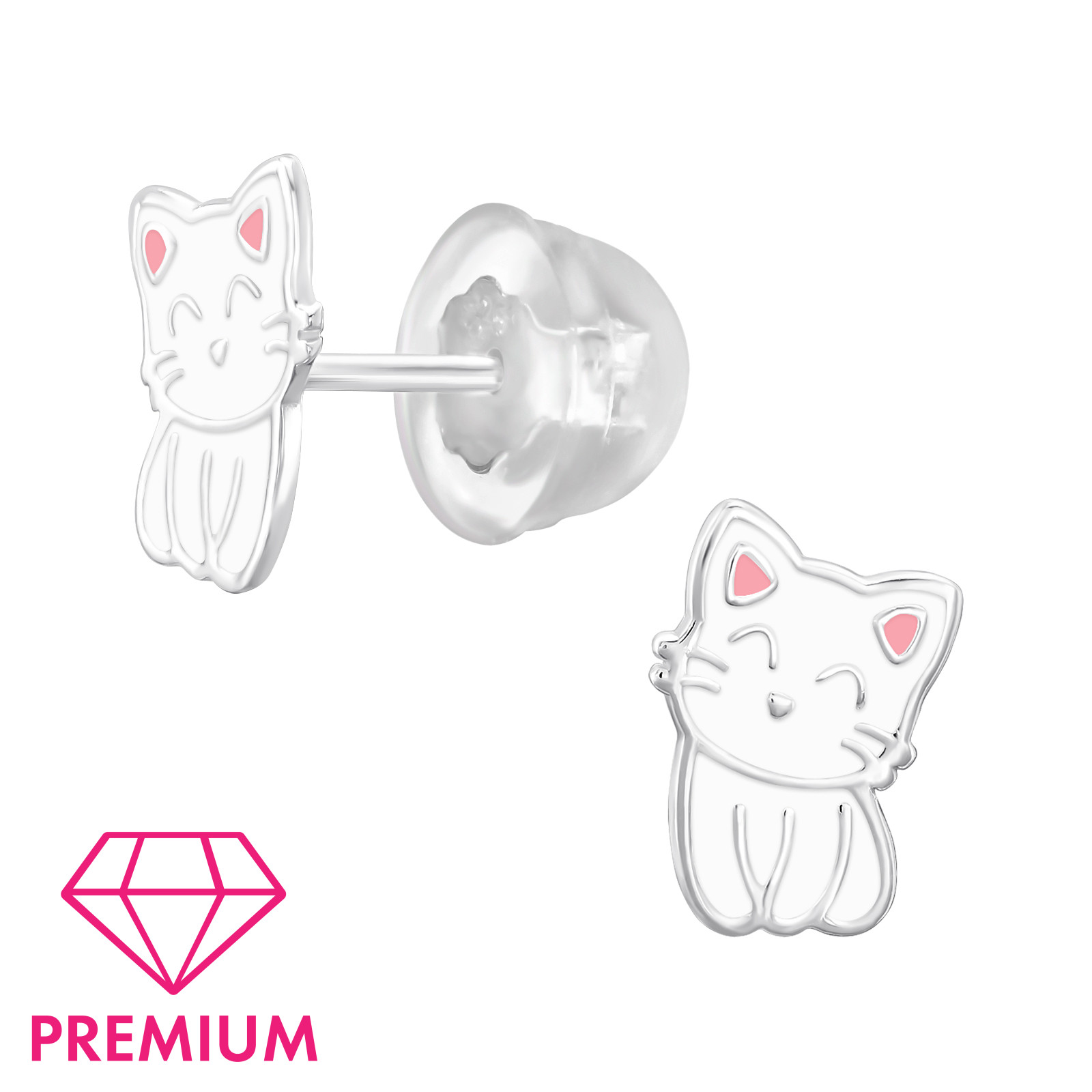 Ohrstecker Katze weiß/rosa PREMIUM  925 Silber  e-coated