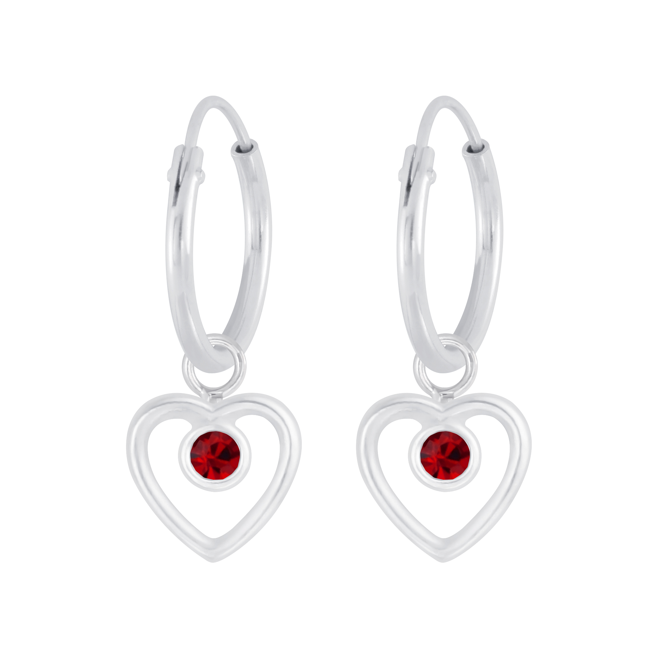 Creole 12 mm roter Kristall Herz Einhänger 6 mm 925 Silber e-coated
