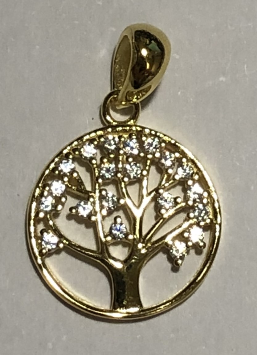 Anhänger Baum des Lebens 925 Silber vergoldet mit Glitzer Steinchen 15 mm