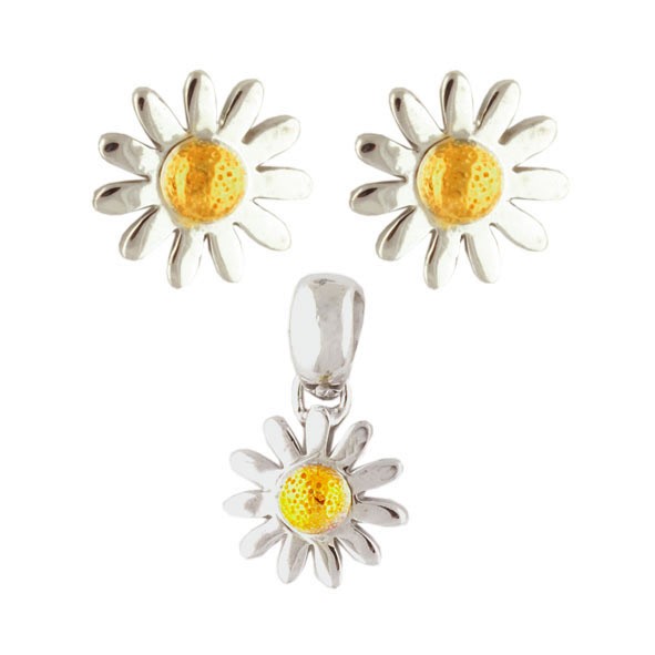Set Ohrstecker und Anhänger Margerite 925 Silber, Mitte vergoldet