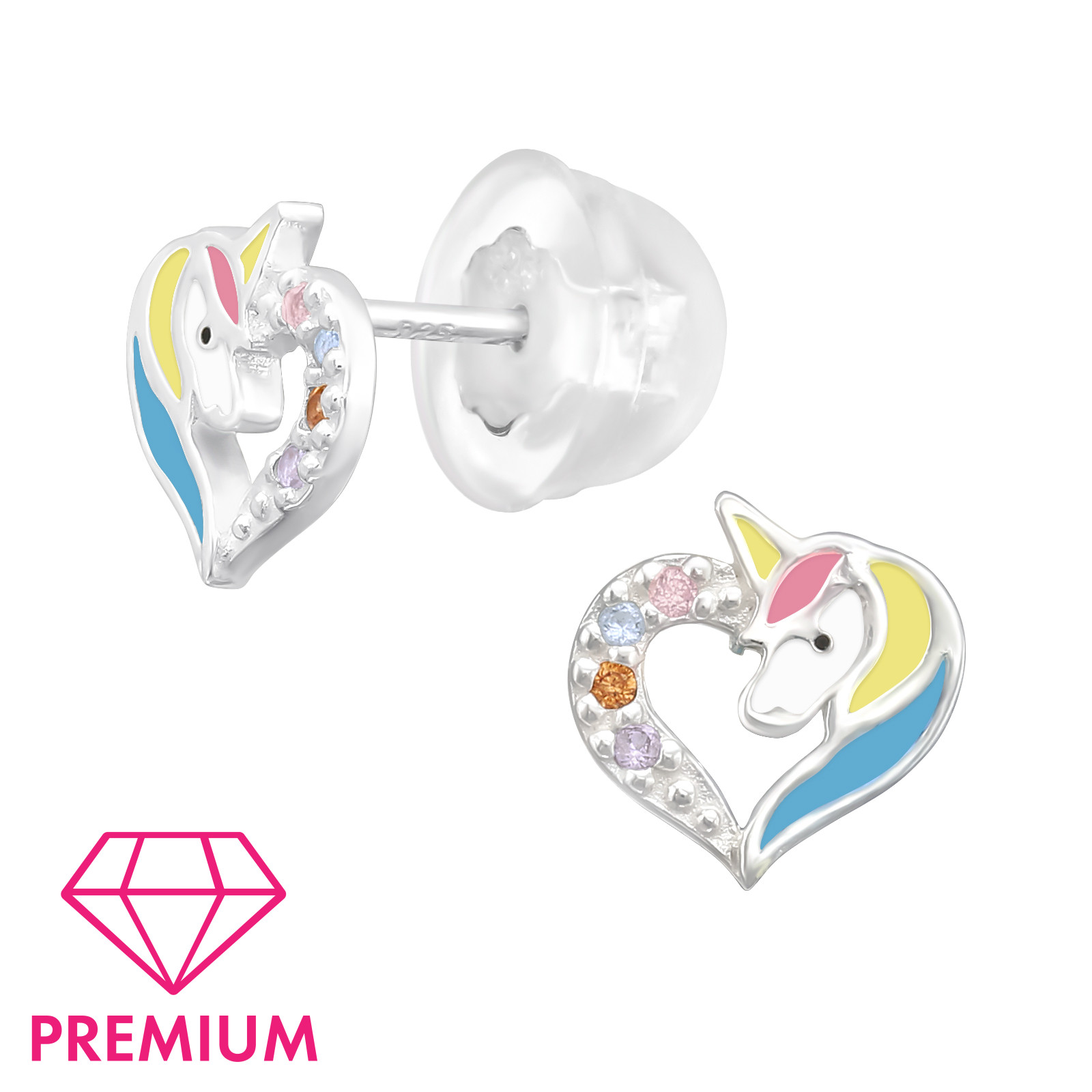 Ohrstecker Einhorn im Herz mit Glitzersteinchen PREMIUM 925 Silber e-coated