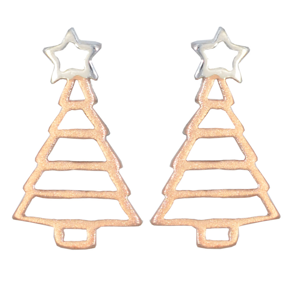 Ohrstecker mattierte Tannenbaumsilhouette rosé vergoldet mit silbernem Stern 925 Silber