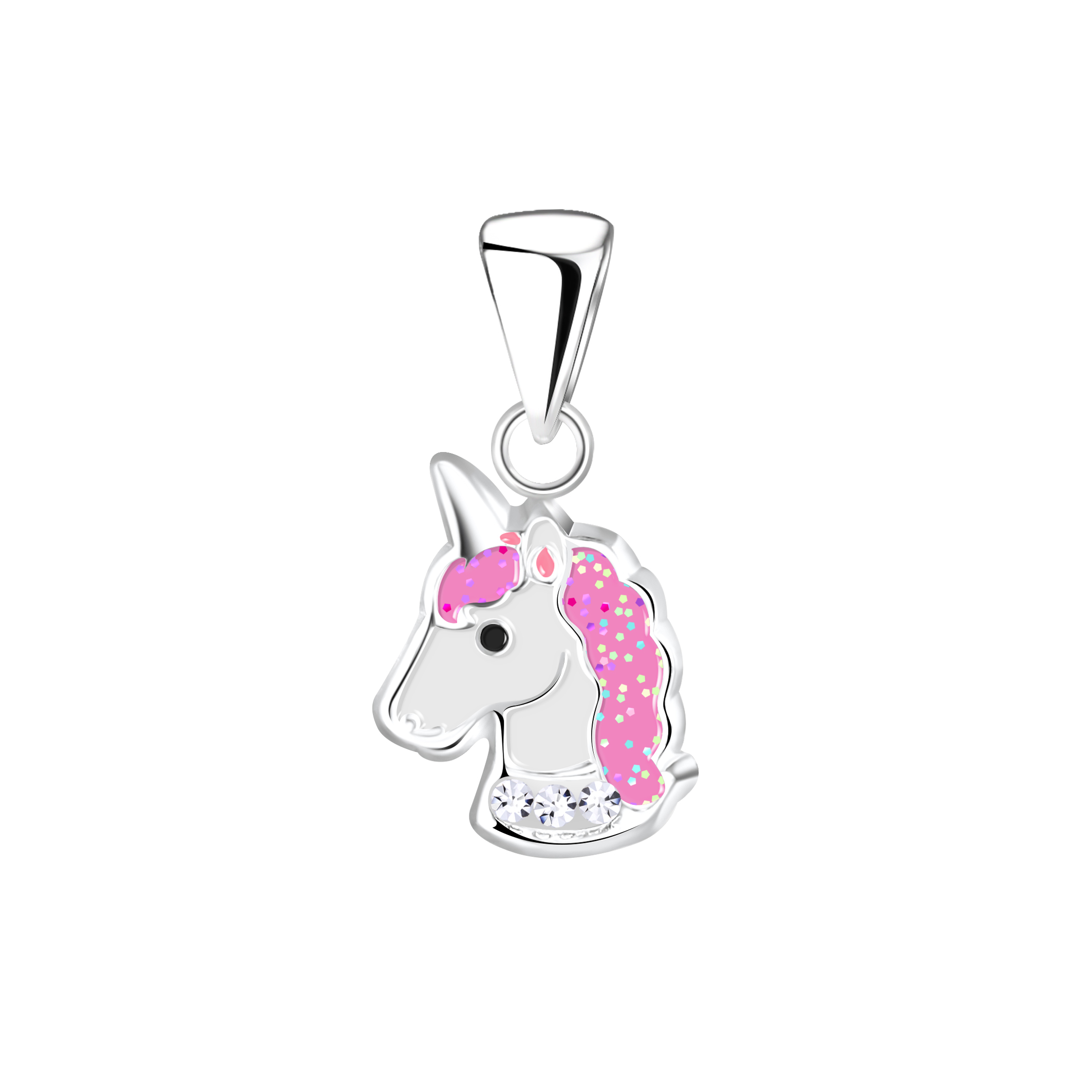 Anhänger Einhorn Büste weiße Kristalle 925 Silber e-coated