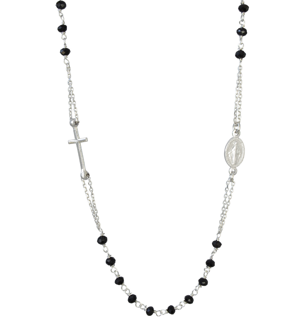 Kette Heiligenbild mit Kreuz und schwarzen Perlen 925 Silber rhodiniert 49 cm