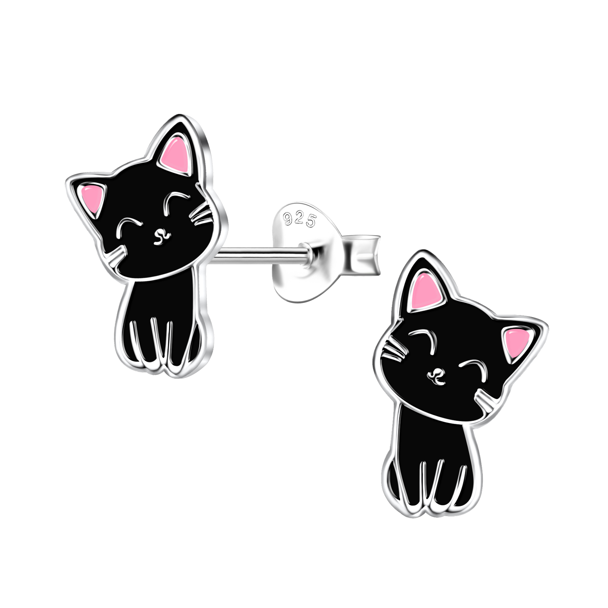 Ohrstecker Katze schwarz/rosa 925 Silber e-coated