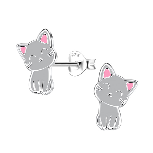 Ohrstecker Katze grau/rosa 925 Silber e-coated