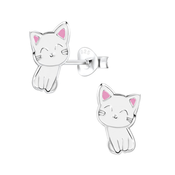 Ohrstecker Katze weiß/rosa 925 Silber e-coated