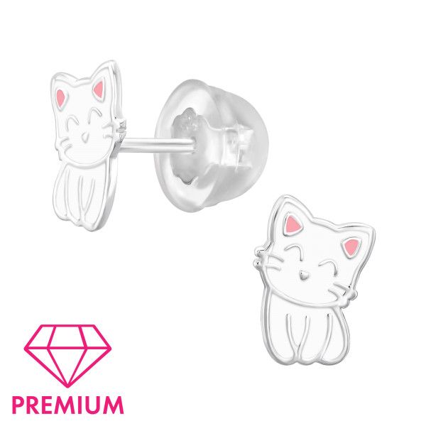 Ohrstecker Katze weiß/rosa PREMIUM 925 Silber e-coated